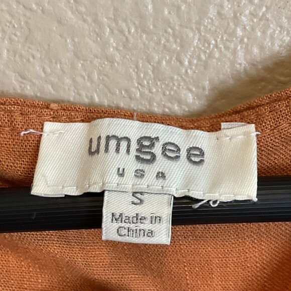Umgee Linen Blend Top S Orange Flutter Sleeve Eyelet Mixed Media Animal Print R3 - Picture 11 of 12
